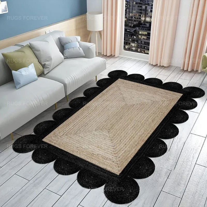 Natural Jute Area Rug Scalloped Living Room Carpet Handmade Kitchen Black Kilim