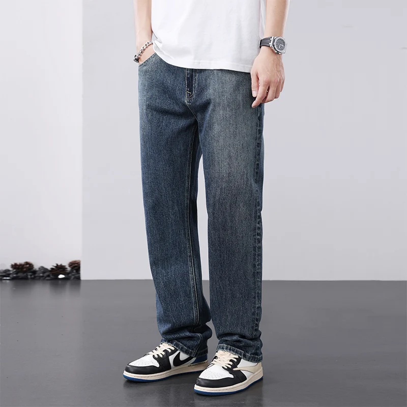 European and American retro loose straight leg high street elastic denim pants wide leg baggy jeans men clothing streetwear men