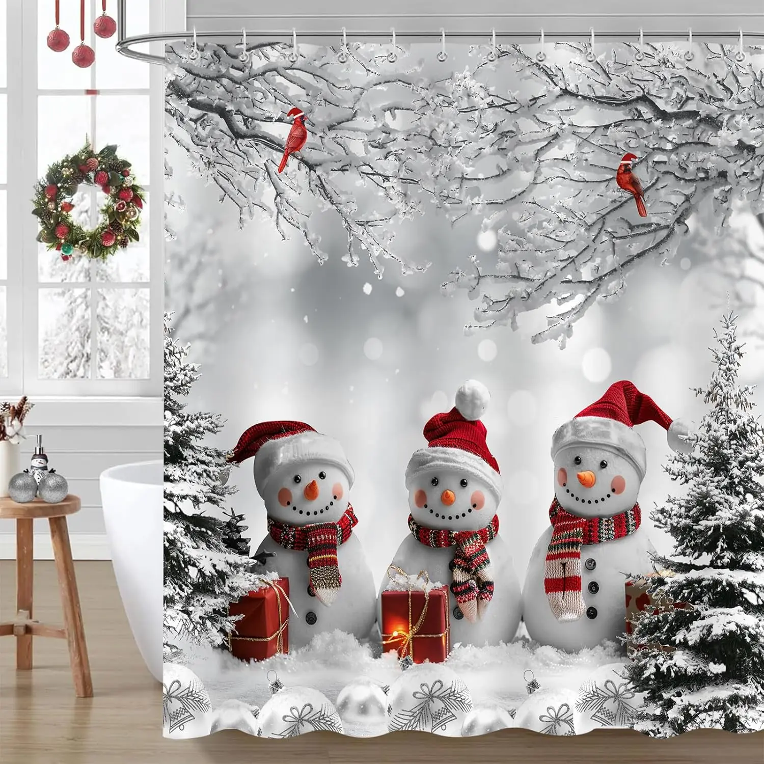 

Зимняя рождественская занавеска для душа для ванной комнаты, милый снеговик, снежинка серого цвета, зимний снежный лес, праздничные занавески для душа, декор