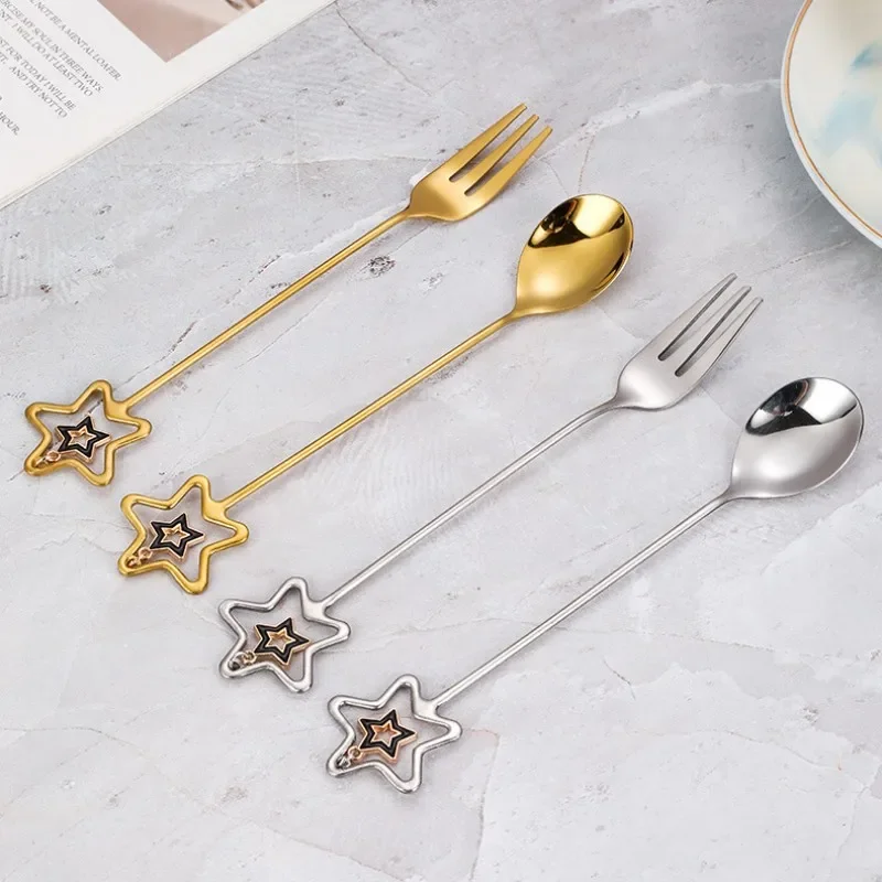 1PC Stainless Steel Coffee Spoon Long Handle Mixing Fork Love Heart Star Pendant Mixing Spoon Fruit Fork Kitchen Tableware