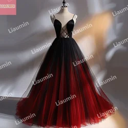 Simple Sexy Hand Made Red And Black Tulle A Line Spaghetti Strap Prom Dress Lace Up Back Evening Formal Party Clothing W15-51.18