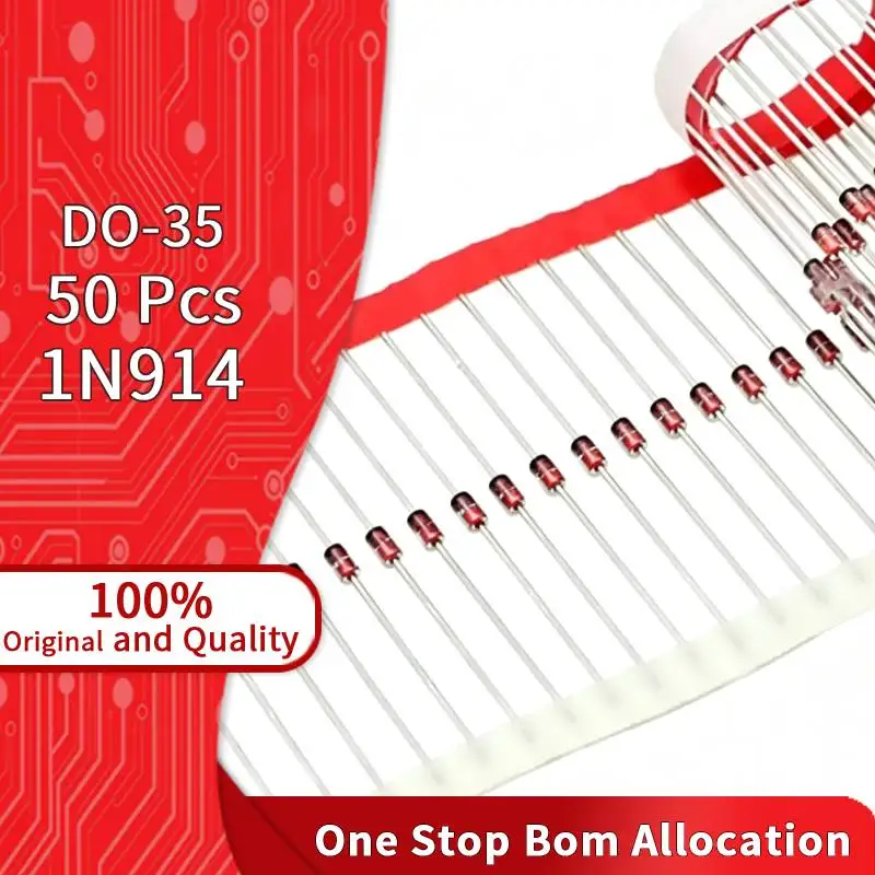50 Pcs 1N914 100V 75mA DO-35 Axial Lead Small Through for Logic Circuit Protection Audio Radio Frequency Fast Switching Diode