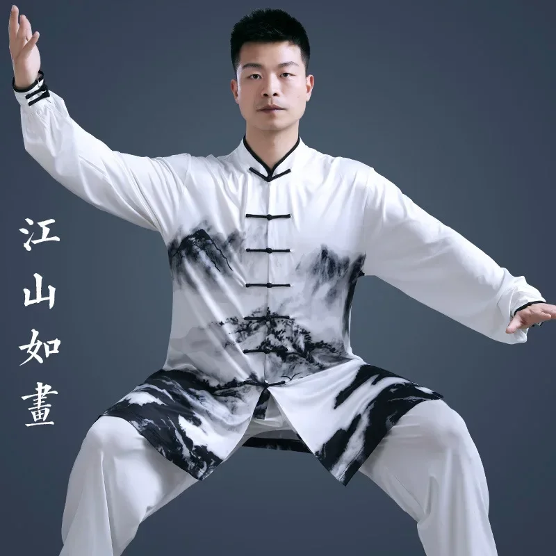 Men Tai Chi Martial Arts Kungfu Uniforms Chinese Traditional Sweatshirt+pant Milk Silk Wushu Meditation Outfit Set Tracksuit