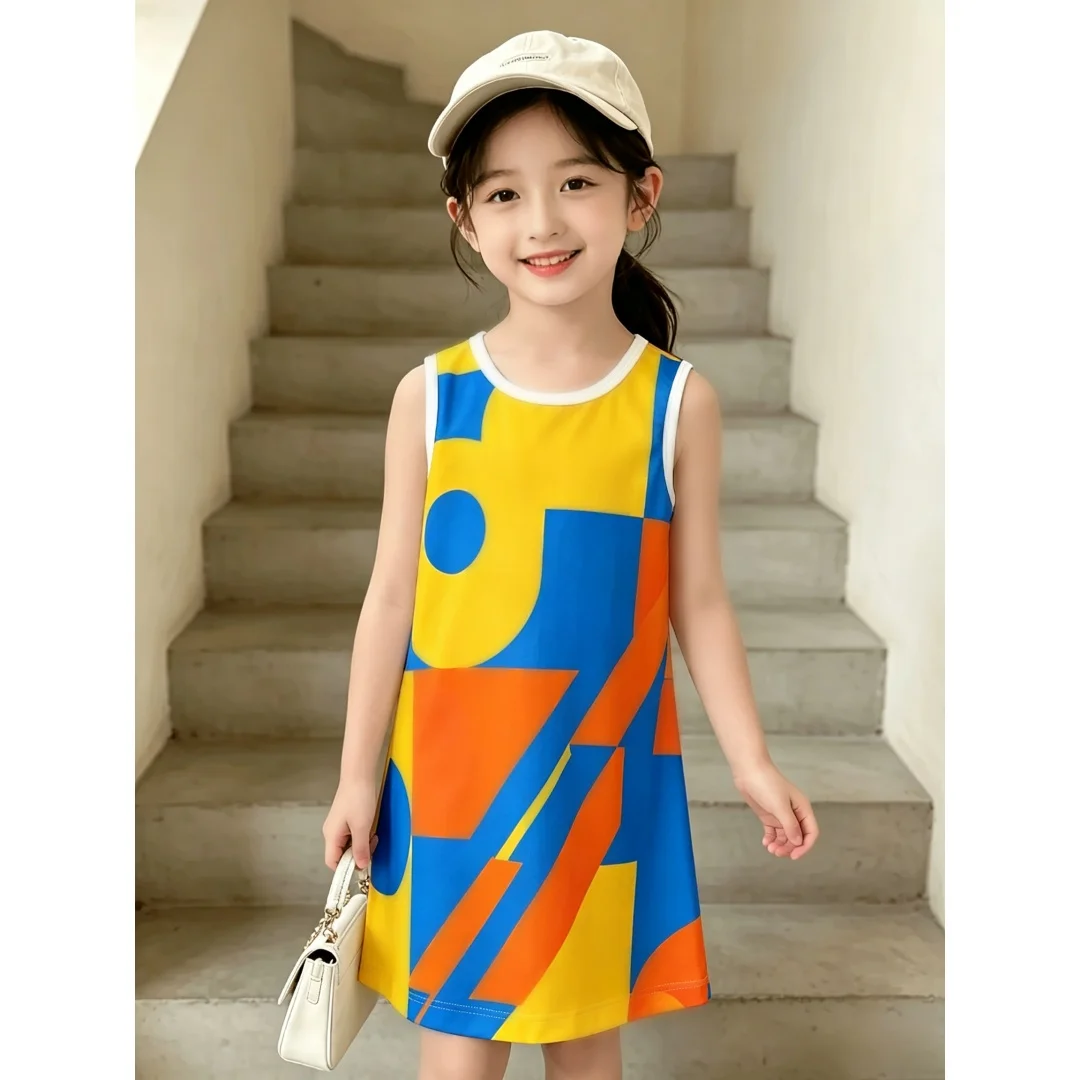Summer Girls Sleeveless Cami Dress Cute Cartoon Cat Print Loose A‑Line Knee Length Outfit for Holiday and Casual Daily Wear