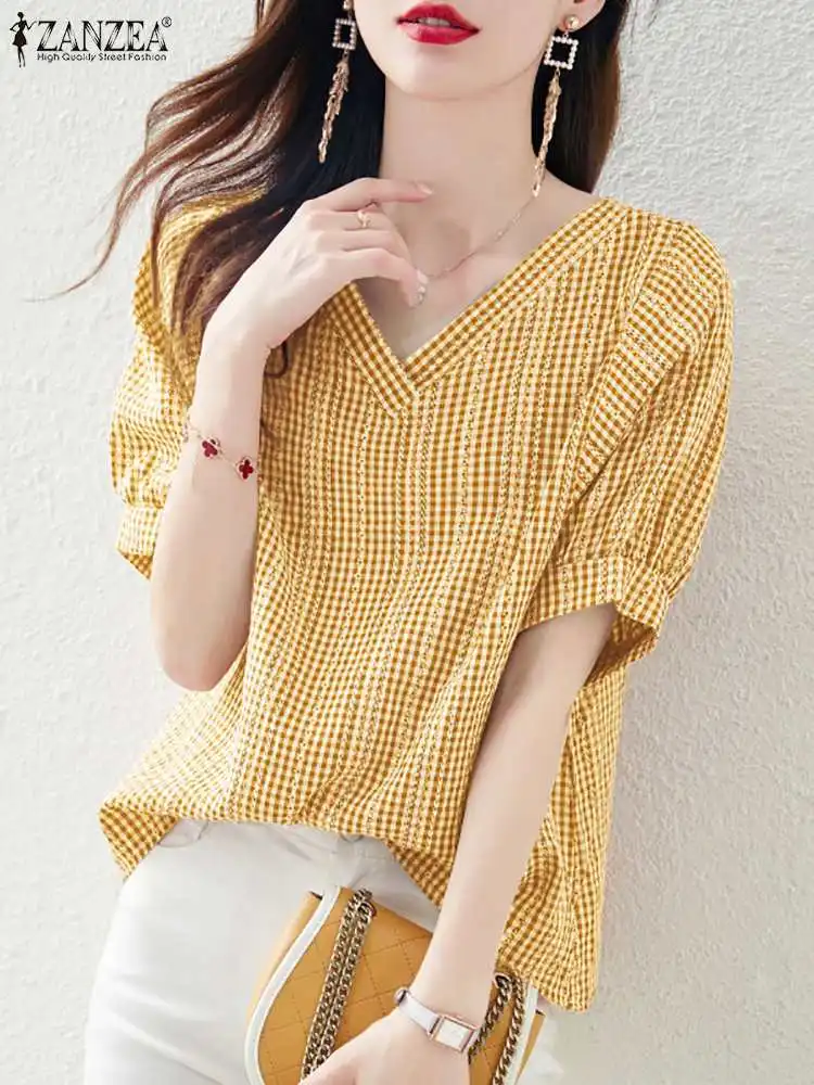 2024 ZANZEA Bohemian Holiday Shirt Korean Fashion Summer Plaid Checked Tops Women V Neck Short Sleeve Blouse Party Blusas Mujer