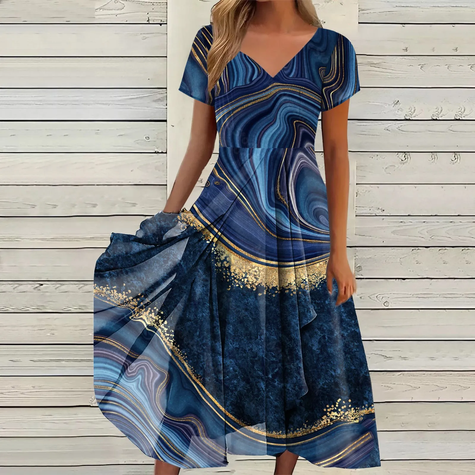 

Summer Women's Swing Midi Dress Print Elegant Casual V Neck Short Sleeve Fashion 2023 Patchwork Boho Sundress Beach Vestido