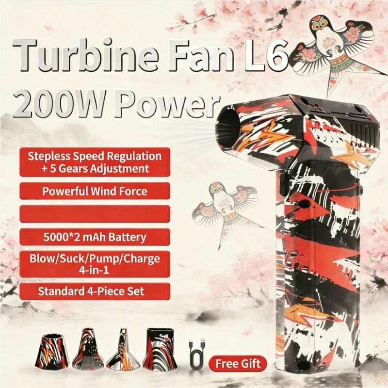 

Турбинный вентилятор L6, 200 Вт, высокая мощность: инструмент 4-в-1 для продувки/сасывания/насоса/зарядки, двойной аккумулятор с длительным сроком службы и набор аксессуаров из 4 предметов