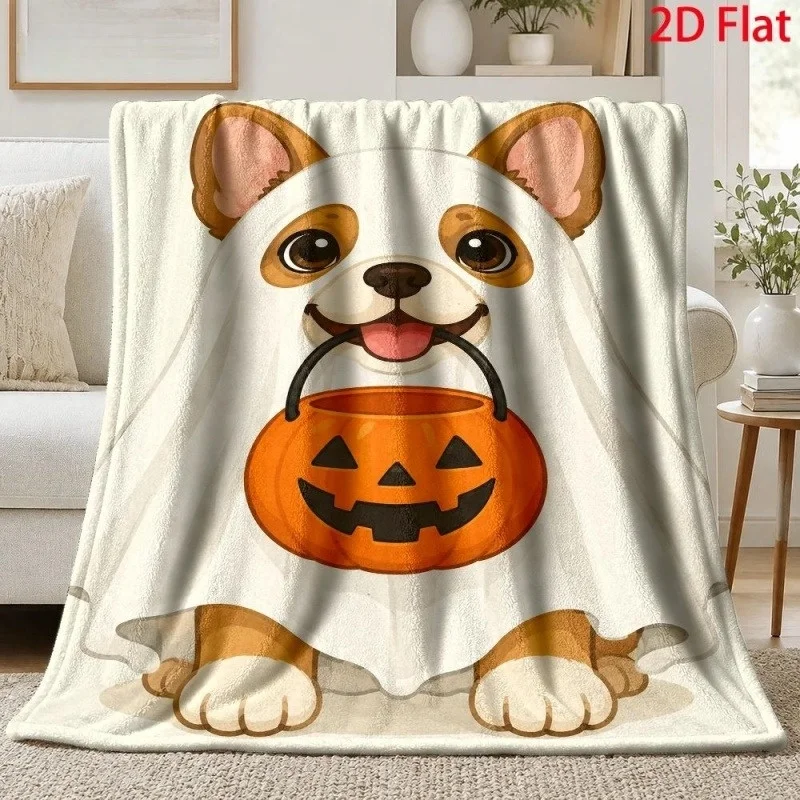 Flannel Throw Blanket Cartoon Ghost Corgi Dog Pumpkin Bucket Pattern Soft Lightweight Holiday Bed Throw Blanket
