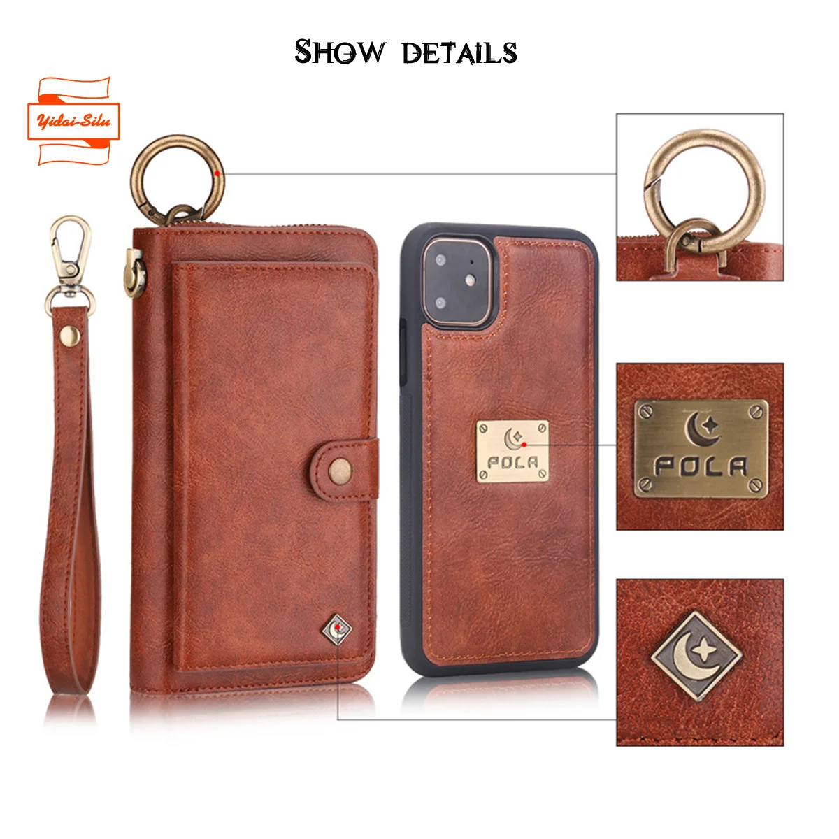 

Yidai-Silu PU Leather Case Wallet Purse Wrist Strap Magnetic Zipper Flip Card Holder Finger Clip Cover for HuaWei P40 30 Pro