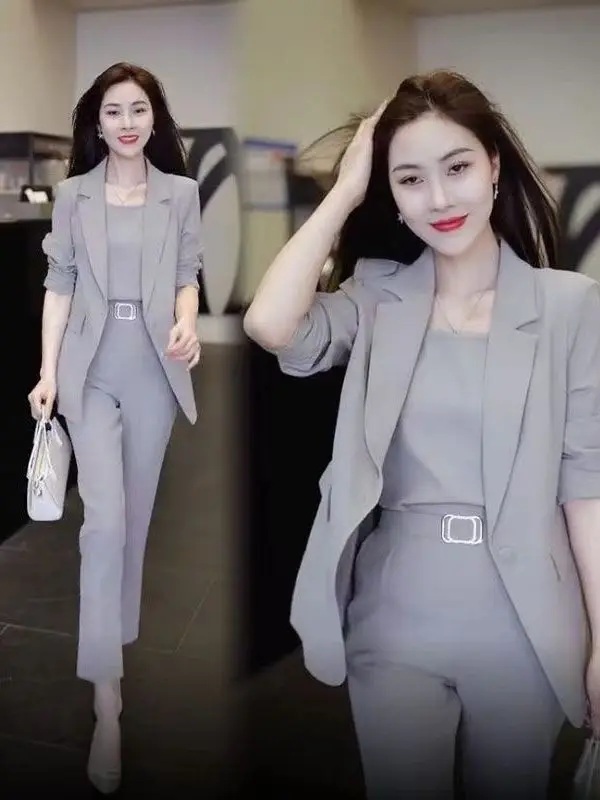 Fall Fashion High-End Three-Piece Suit Set Large Size Korean Style Commute Windbreaker Jacket Pants High Waist Long Pants