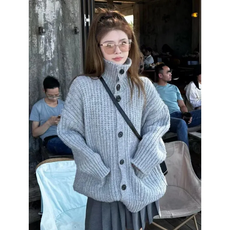 

Осень-зима, простой ленивый стиль, ретро, уменьшающий возраст, толстый свитер с высоким воротом, женский свободный толстый вязаный кардиган средней длины