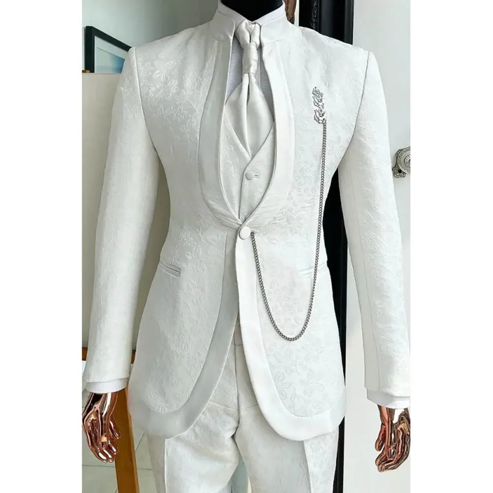 

Luxury White Men Suits One Button Stand Lapel Slim Fit Skinny3 Piece Jacket Pants Vest Sets Bespoke Groom Tuxedo Male Clothing