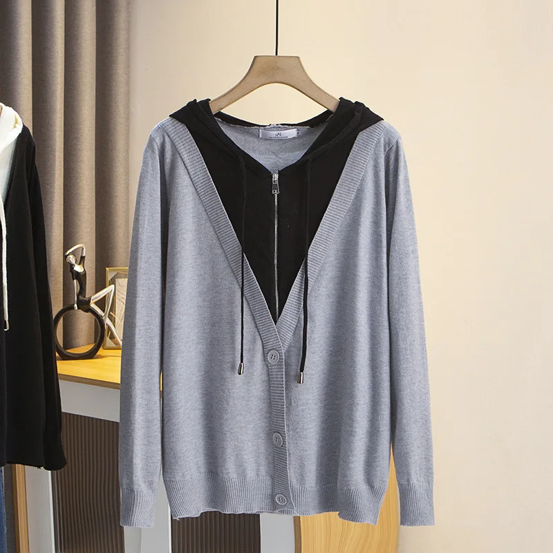 Womens Plus Size Sweaters Casual Clothing Autumn Winter Hooded Fake Two Pieces Jumpers Curve Knitted Pullovers A2 2355
