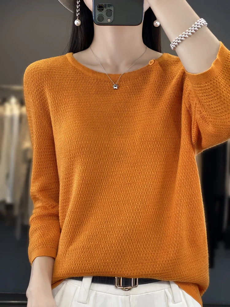 Addonee Spring Summer Women's 100% Pure Merino Wool 3/4 Sleeve Sweater Round Neck Button Decorative Pullover Knitted Top