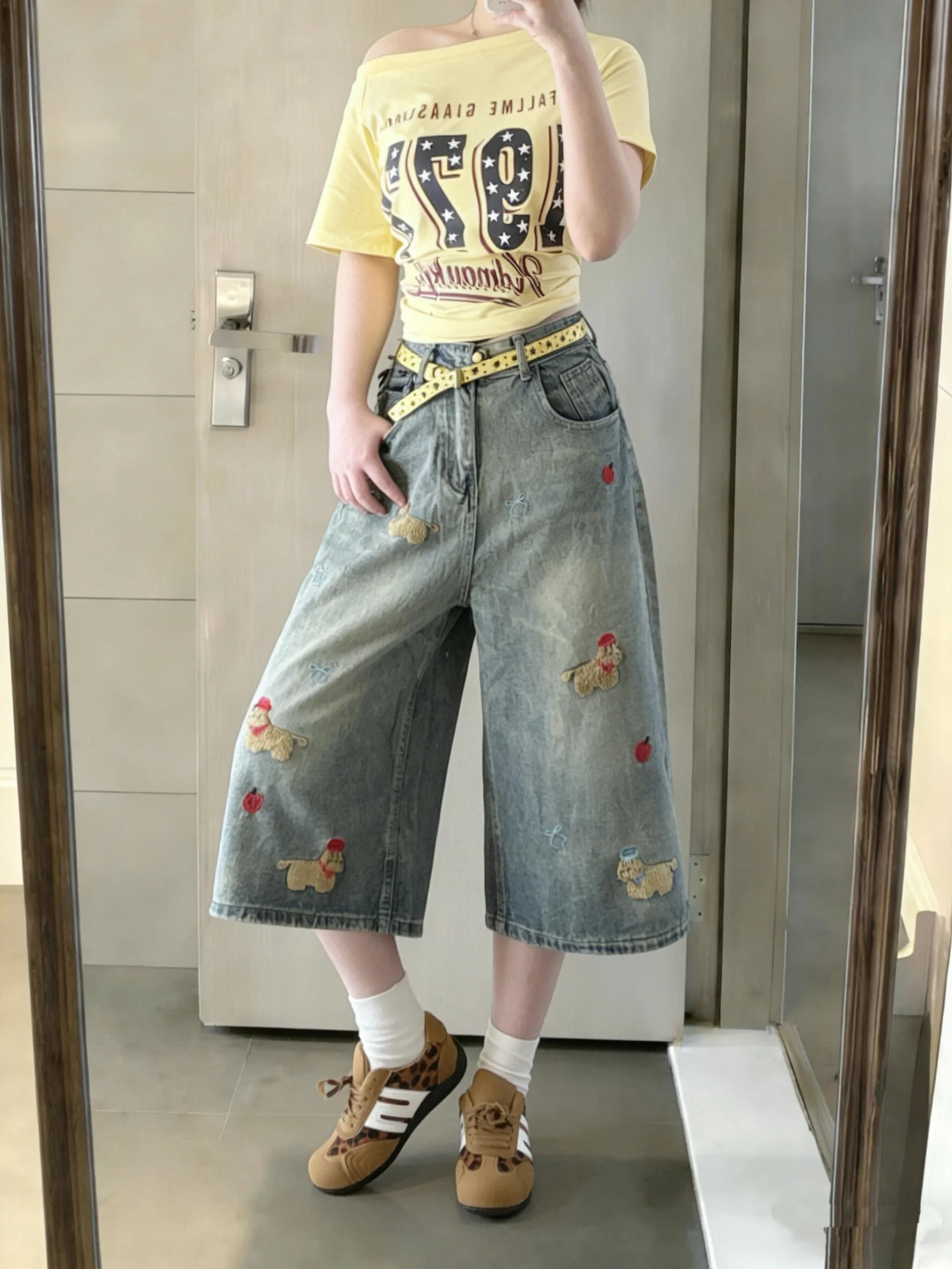

Blue Embroidered American Retro Cartoon Dog High Waist Wide Leg Jeans Women's Summer plus Size Versatile Shorts Casual Wear