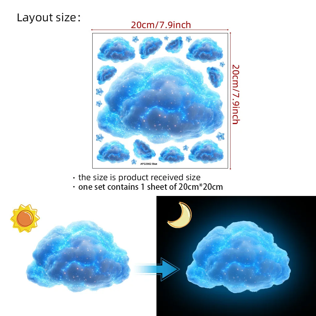 Luminous Blue Cute Clouds And Stars Wall Stickers Glow In The Dark For Children's Room Fluorescent Decals  Home Decoration