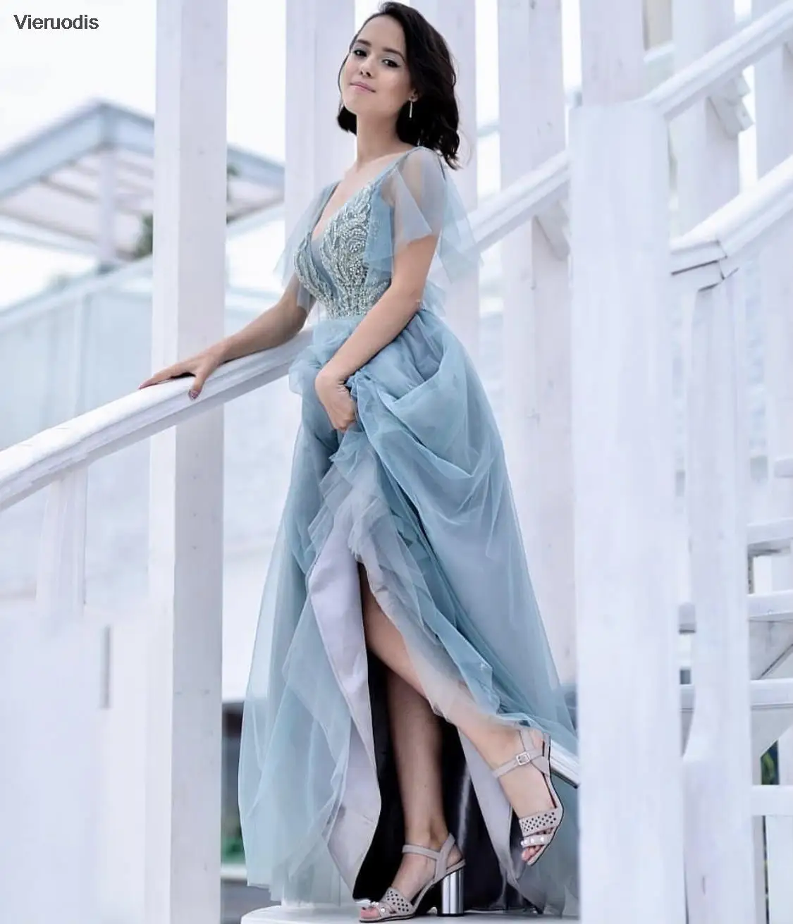 

Голубое вечернее платье трапециевидной формы с v-образным вырезом и короткими рукавами, открытой спиной, кружевные аппликации, расшитые бусинами и блестками, длиной до пола, вечернее платье для выпускного вечера 2022,