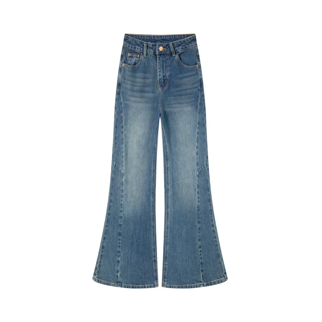 

High-Waisted Wide-Leg Flared Jeans in Light Blue Vintage Washed Finish Versatile Women's Jeans 2025 Fall New Arrival