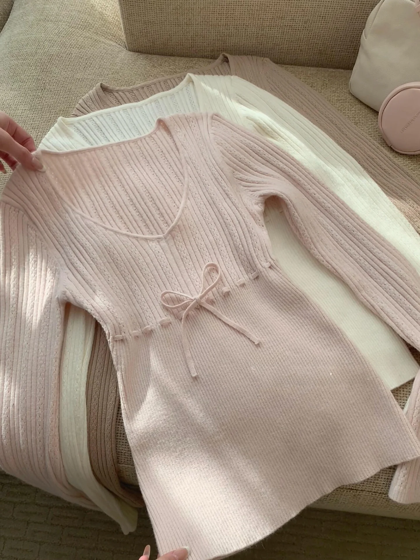 

Розовый сладкий узел Long Sve Трикотажный женский модный топ с U-образным вырезом в стиле ретро, облегающий повседневный топ