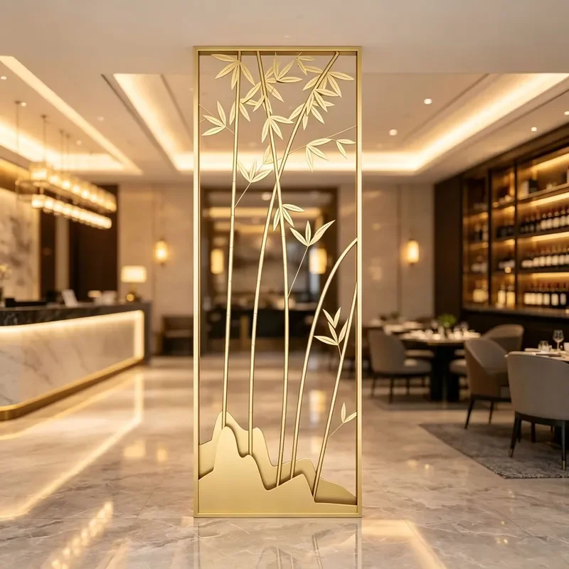 Custom Gold Stainless Steel Room Divider with Bamboo Landscape Hollow Carving for Hotel Restaurant Club Partition Decor