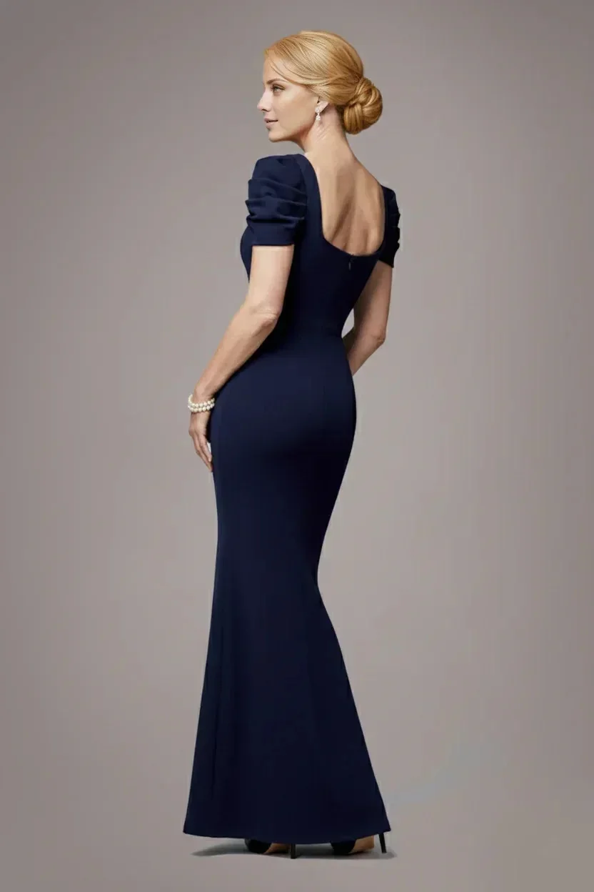 Navy Blue Slim Mermaid Evening Dress Puff Sleeve V-Neck Formal Gown for Bridesmaid, Prom & Wedding Events