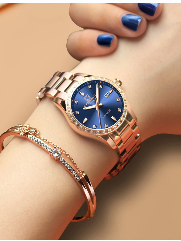 CARNIVAL New Luxury Rose Gold Blue Dial Watch Women Dress Automatic Mechanical Watches Bracelets Ladies Gift Reloj Mujer