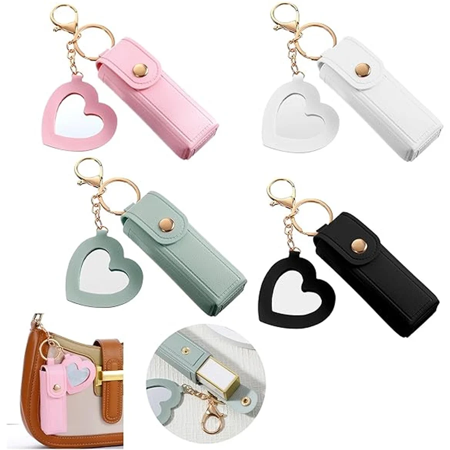 حقيبة أحمر شفاه جلدية محمولة، حقيبة مكياج مع سلسلة مفاتيح مرآة، منظم حماية لبلسم الشفاه لمستحضرات التجميل #4