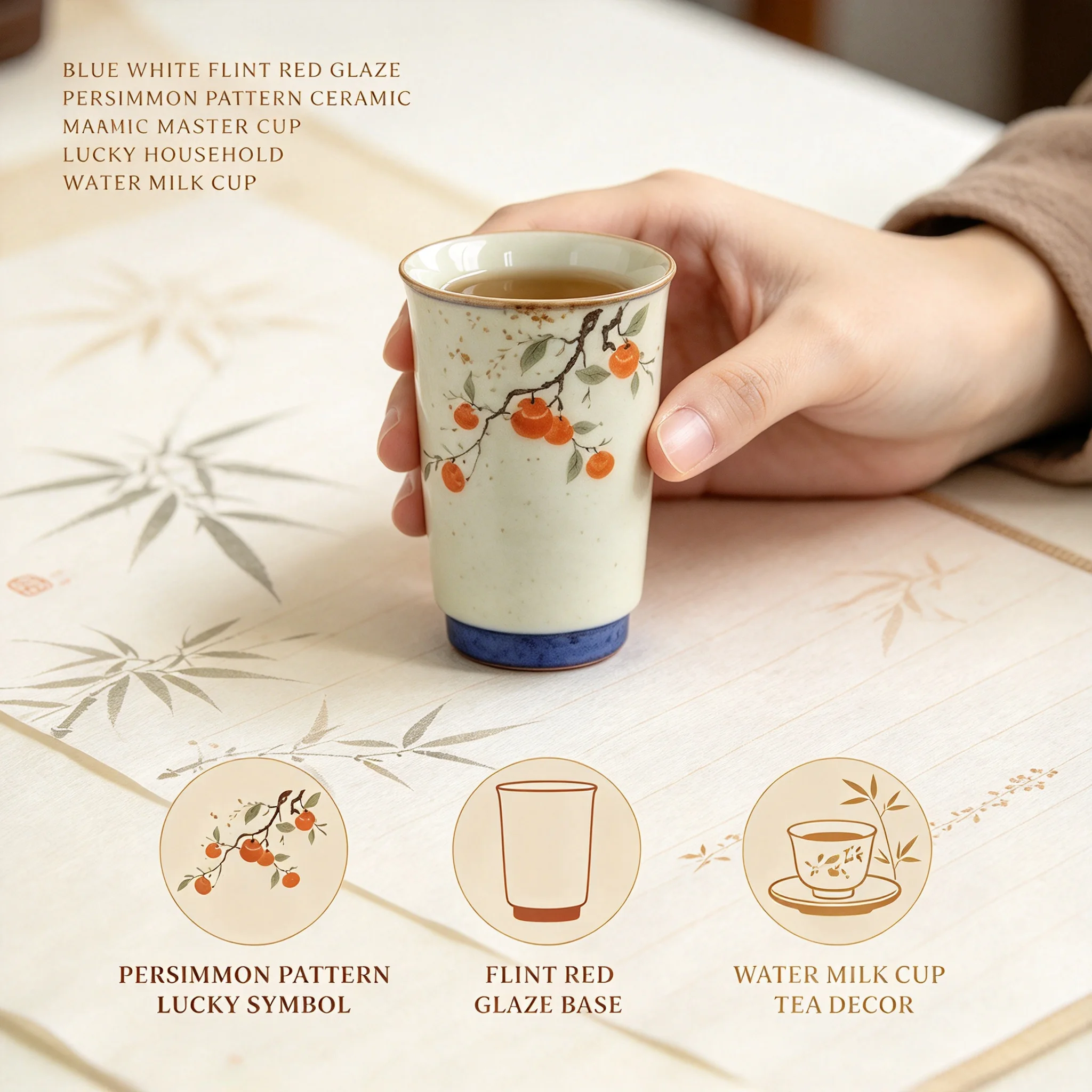 Blue White Flint Red Glaze Persimmon Pattern Ceramic Master Cup Lucky Household Water Milk Cup For Women Tea Decor Gift