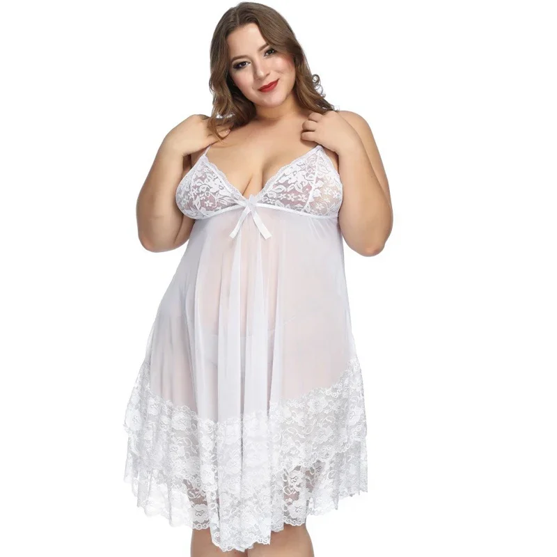 6XL Big Size Sexy Nightdress with Thong Hot Erotic Dress See-Through Lace Women Sleeveless Pajama Sexy Dress Nightwear Underwear