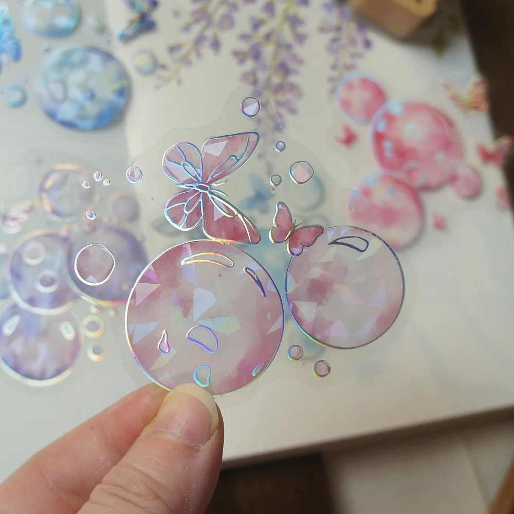 

10 Pcs Laser Diamond Pattern Butterfly Flying with Bubble Style PVC Sticker Scrapbooking DIY Gift Decoration Tag
