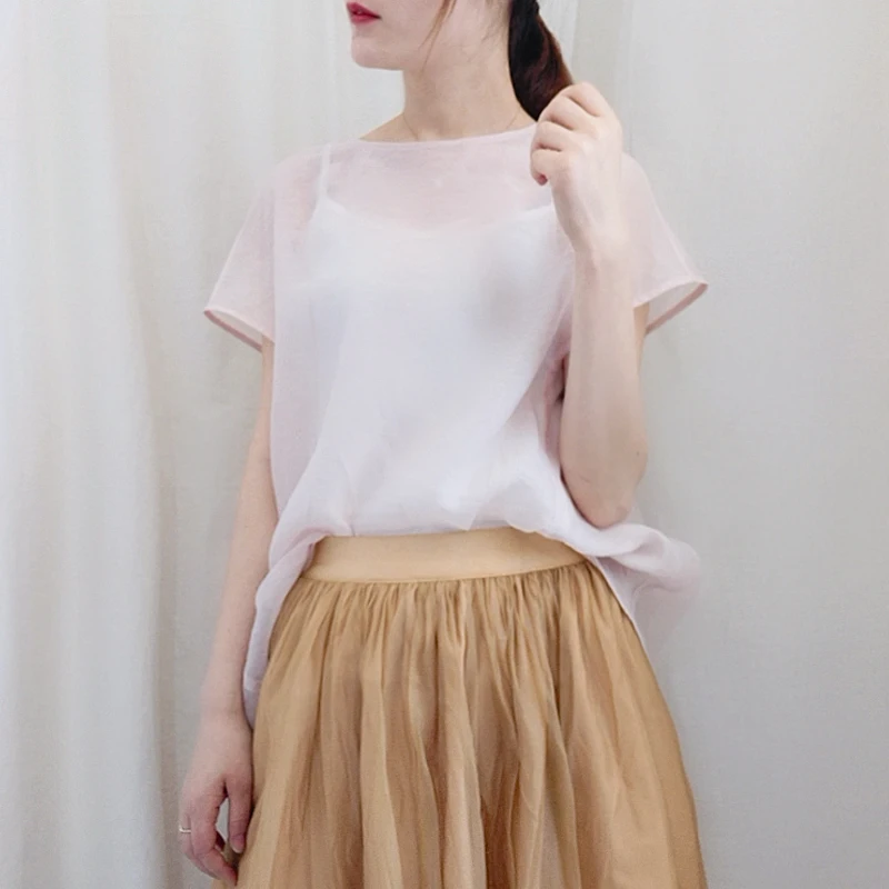 

Легкая шелковая футболка Autumn Valley, прозрачная, свободного кроя, с коротким рукавом, женская модная художественная одежда, с круглым вырезом, повседневный стиль