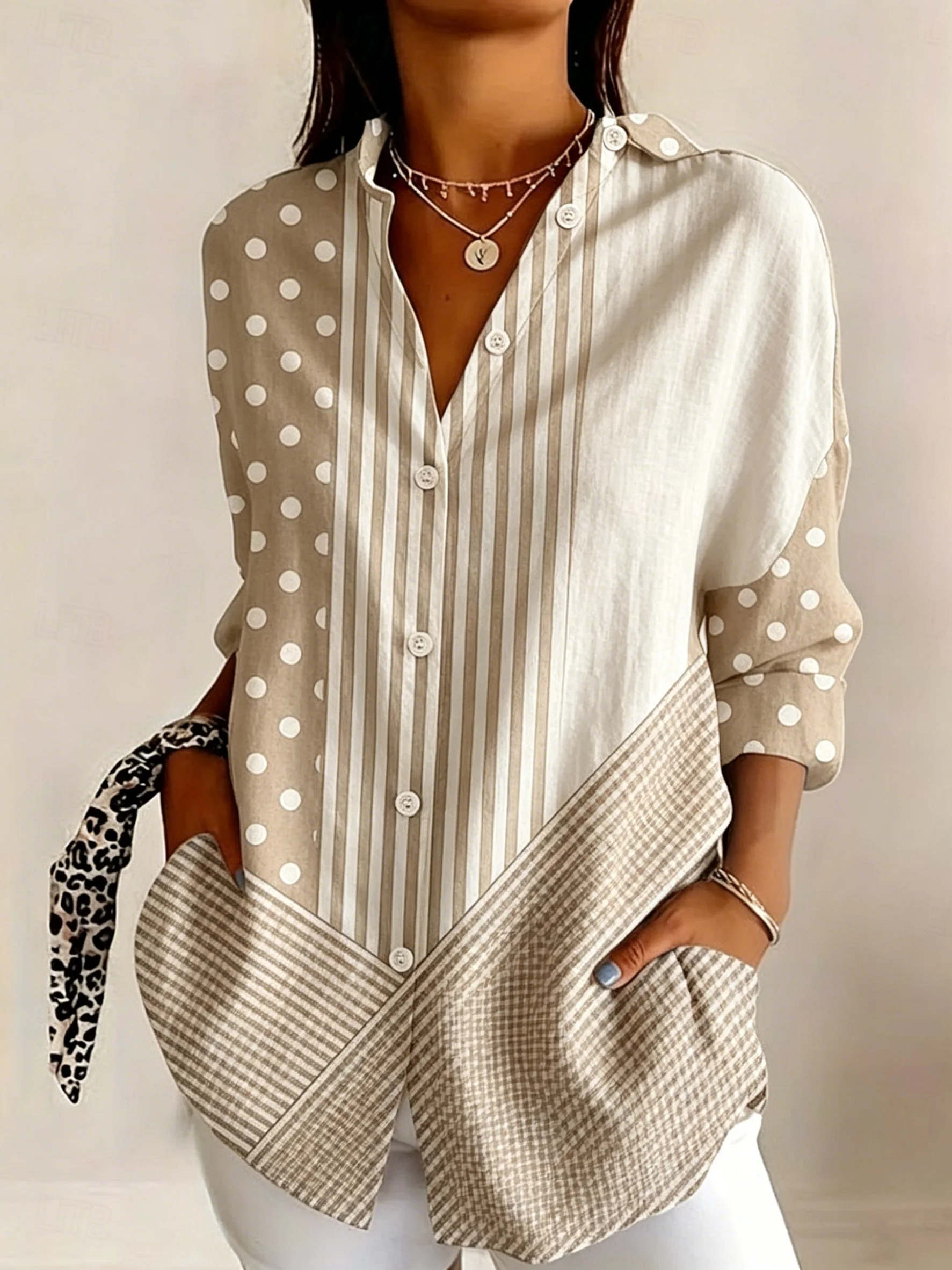 

Women's Long Sleeve Mixed Print Polka Dot Striped Plaid Casual Shirt Elegant Daily Blouse Tops in Beige for Spring Summer