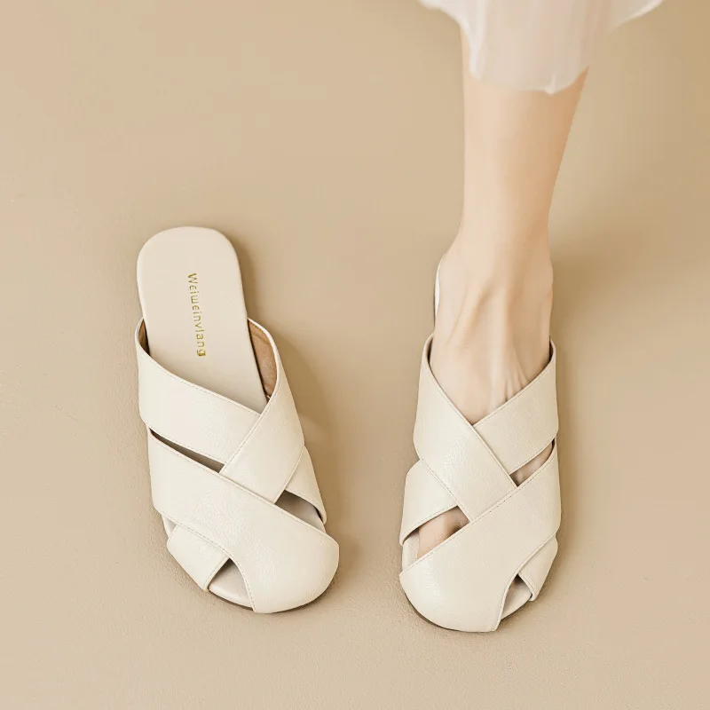 

Gorasion Flat Shoes Women Round Toe Retro Elehant Slippers Soft Outsole Leather Slingback Flats Summer Ladies Shoes Handmade
