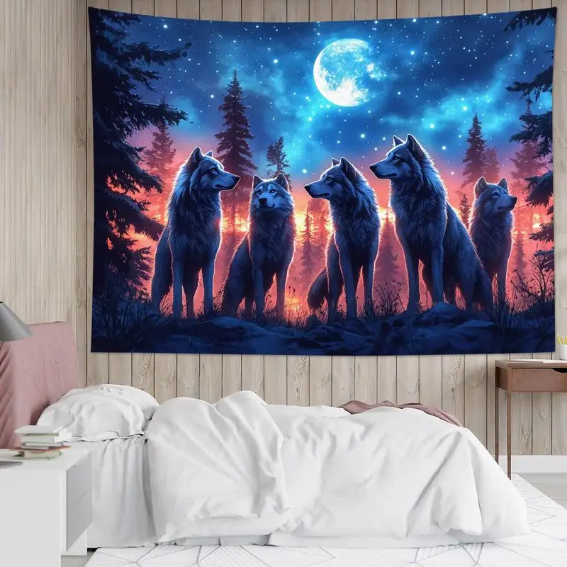 VIKAMA Wolf Pack Tapestry Wall Hanging Full Moon Starry Forest Sunset Nature Aesthetic Wall Art Bedroom Living Room Decor