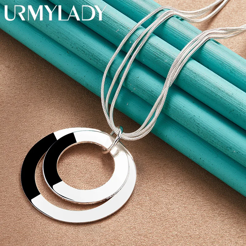 URMYLADY 925 Sterling Silver Smooth Matte Double Circle 18 Inch Pendant Necklace For Women Wedding Fashion Party Jewelry