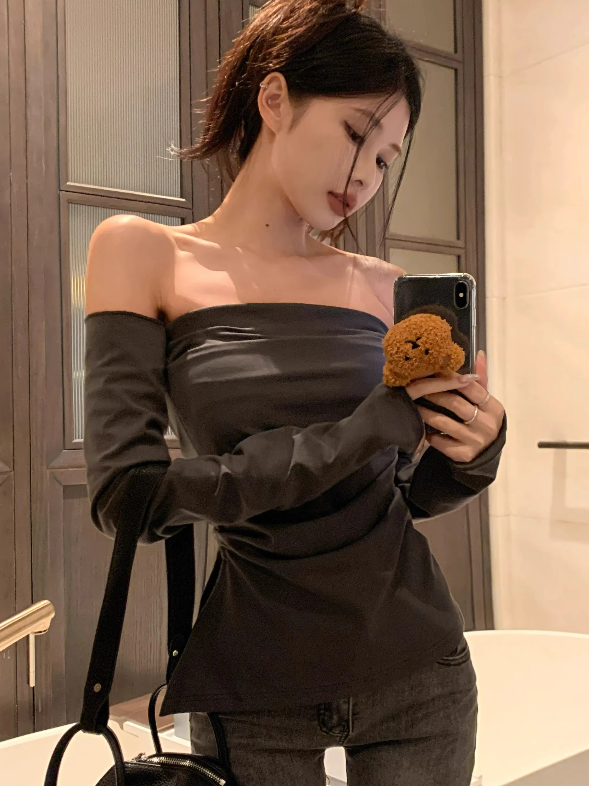 

Unique Korean Style Sexy One Shoulder Long Sleeve T-Shirt Women's Pure Desire Style Hot Girl Tube Top Autumn Fashion Top