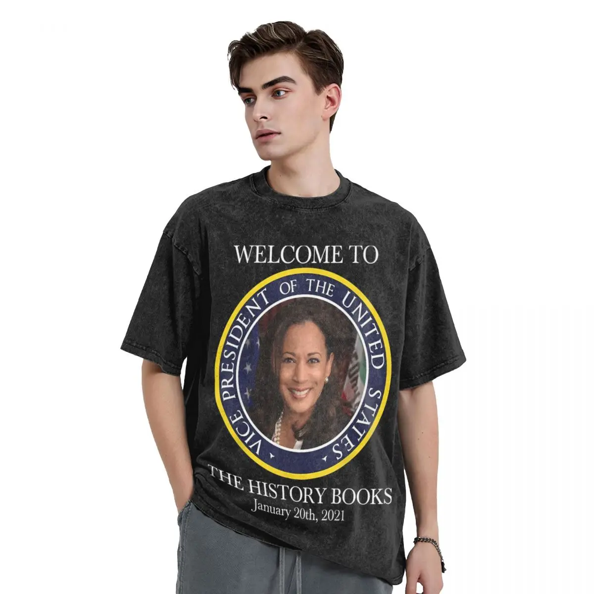 Welcome To The History Books Kamala Harris T Shirt Hip Hop Washed Cotton Harajuku T-Shirt Novelty Men Women Tops Streetwear Tees