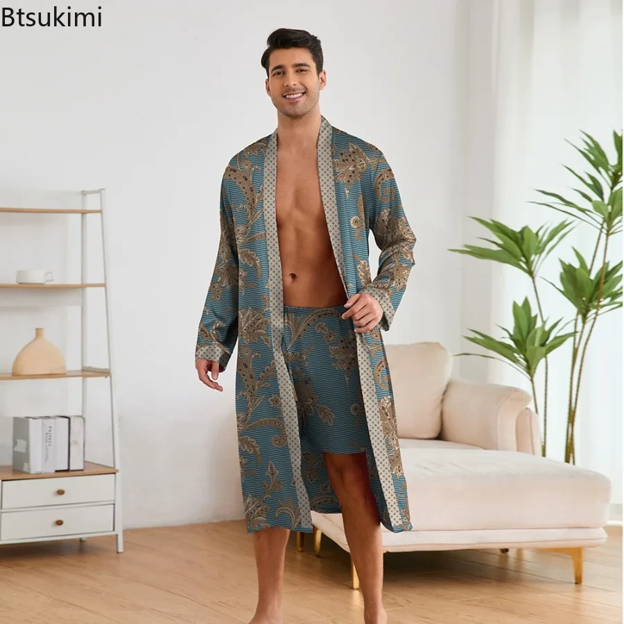 جديد الرجال طباعة رداء مجموعات ملابس خاصة كيمونو البشكير السراويل 2 قطعة مجموعات الصيف Homewear رداء طويل منامة الدانتيل يصل ثوب النوم الذكور #1