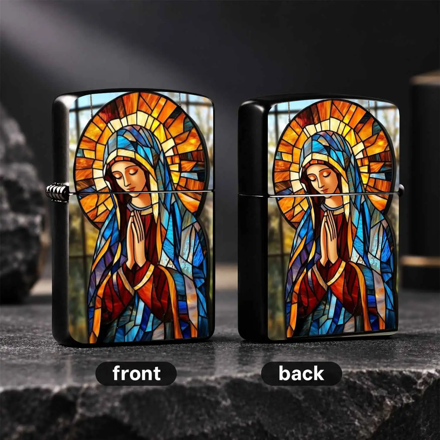 Stained Glass Virgin Mary Pattern, Vintage Art Painted Body, Windproof Durable Creative Religious Themed Collectible, Ideal For Daily Use, Gifting, Desktop Decor, Unique Faith Related Practical Souvenir Present For Believers And Art Collect