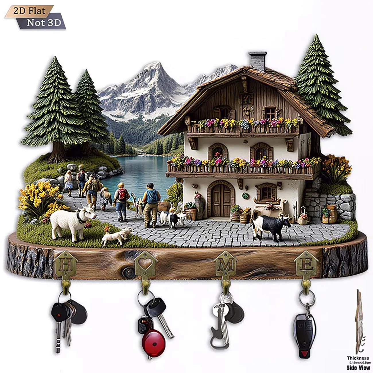 Porta Llaves Estilo Chalet Alpino, Impresión Plana 2D, para Montar en la Pared, con 4 Ganchos, Decoración Rústica para el Hogar