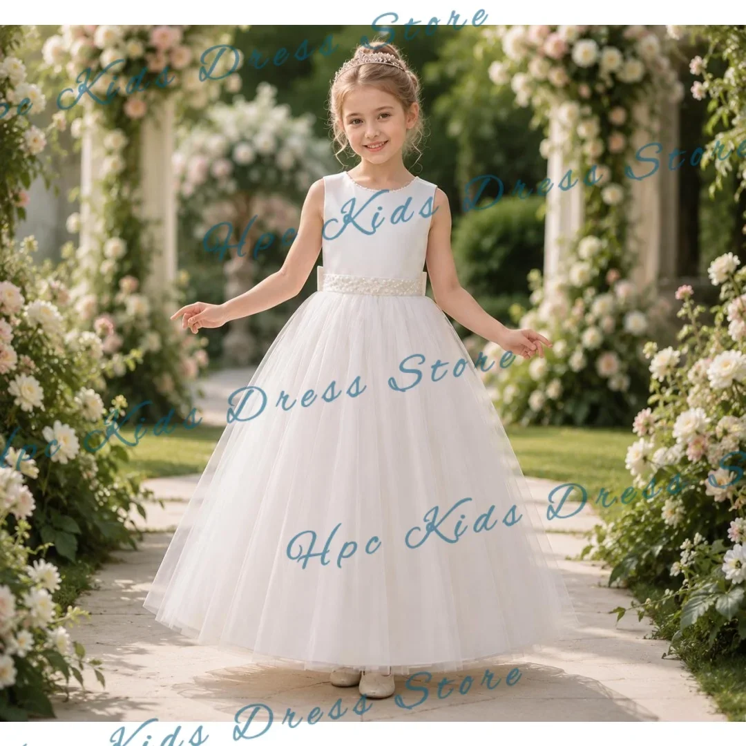 Custom White Flower Girl Dress for First Communion Wedding Sleeveless Tulle Gown with Beaded Waist Bridesmaid Party Attire for
