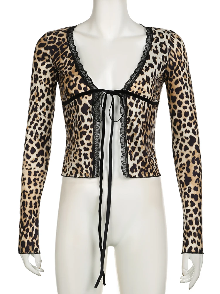 Imagem -05 - Iamsure-camiseta Feminina Sexy Leopardo com Renda com Bandagem Dividida Fina Decote em v Profundo Camiseta de Manga Comprida Moda Feminina Outono Primavera 2023