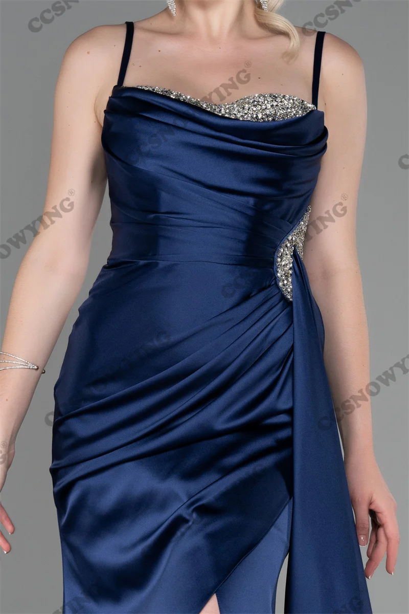 Vestido De graduación De sirena con cuentas De satén para mujer, vestido De fiesta De noche Formal con tirantes finos, vestido De fiesta con abertura lateral, caftán