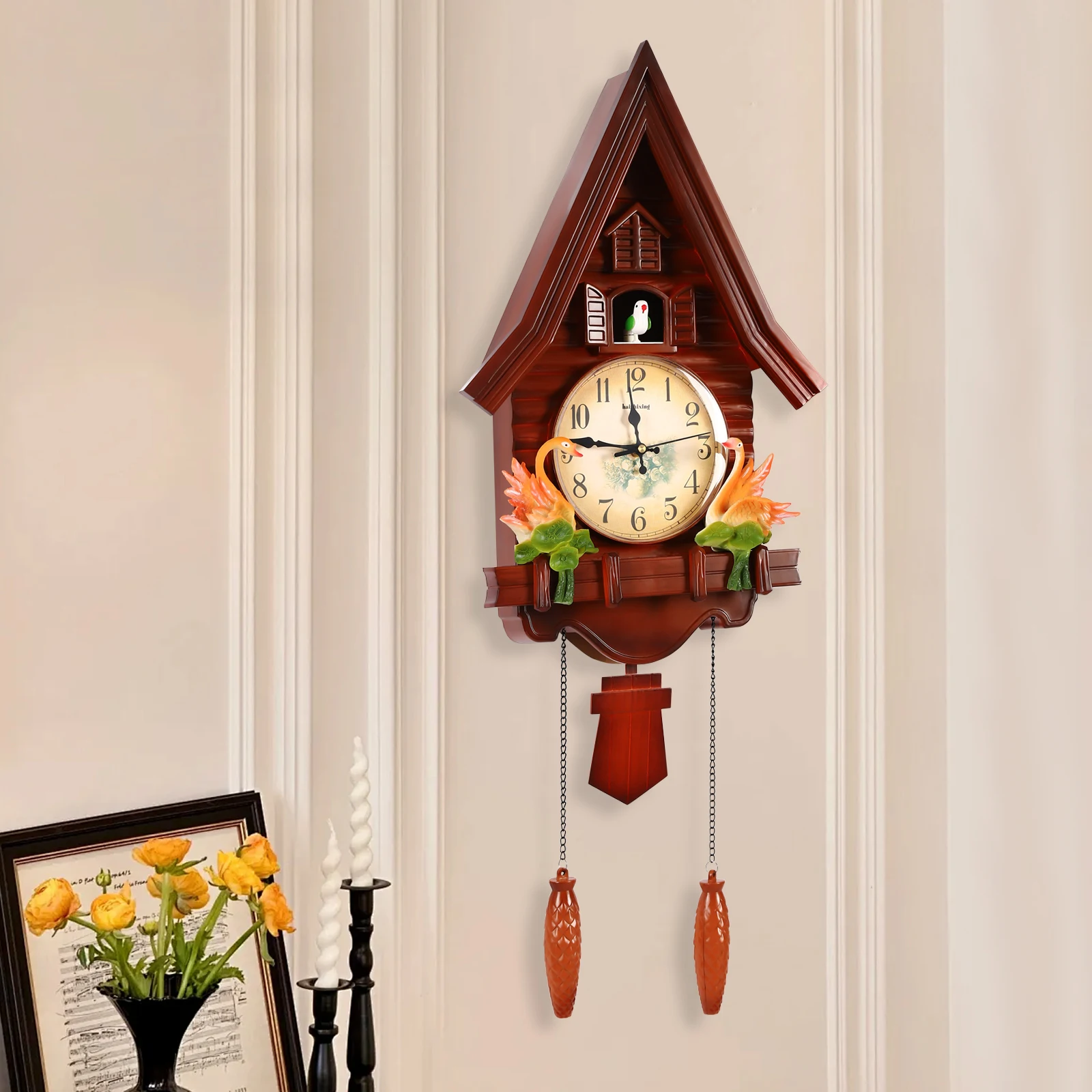 Creative Wall Clock for Living Room Decor Indoor Plastic Reddish-brown Decorative Wall Clock Battery Operated Silent Clock
