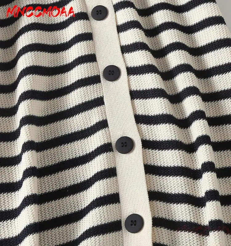 MNCCMOAA 2024 New Spring Summer Short Sleeve Knitted Dress Female Casual V Neck Single Breasted Striped Dresses