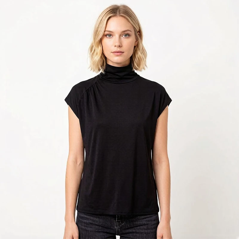 19 Momme 93% Natural Silk 7% Spandex Stand-collar Wide-shoulder Black White Cap Sleeve Women Top T-Shirt Shirt Blouse M1569