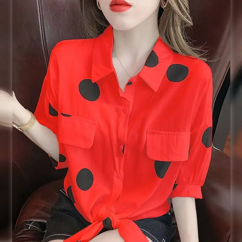 

Plus Size Small fresh polka dot shirt women summer Korean version Young loose short sleeved top lace up chiffon Blouse And shirt