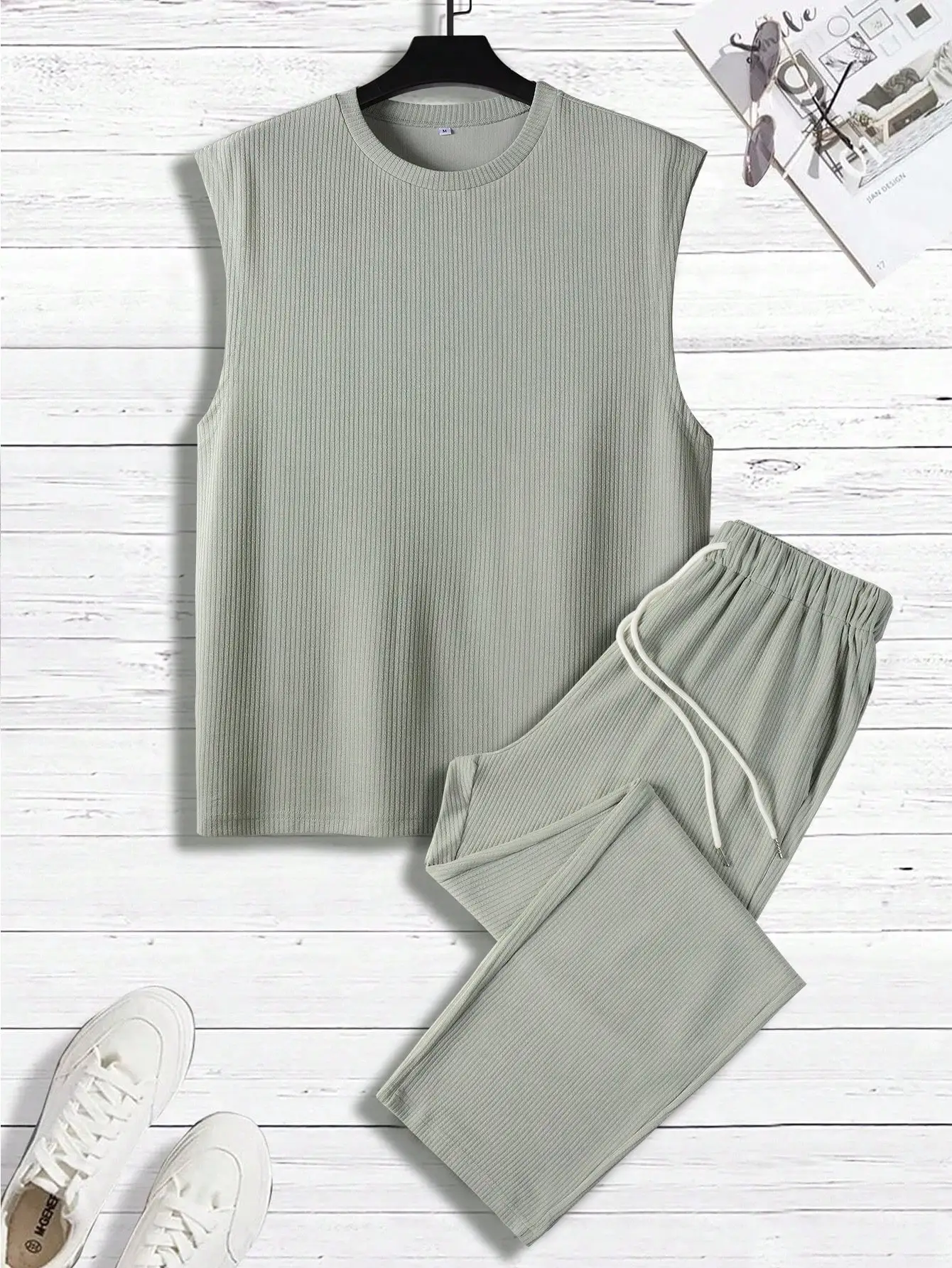 

Men Solid Ribbed Tank Top And Drawstring Waist Pants Set
