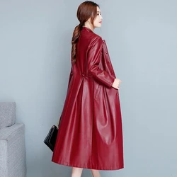 High End Leather Jacket Women's Long Korean Slim Stand Neck Trench Coat Autumn Winter Soft PU Leather Overcoat Large Size 5XL