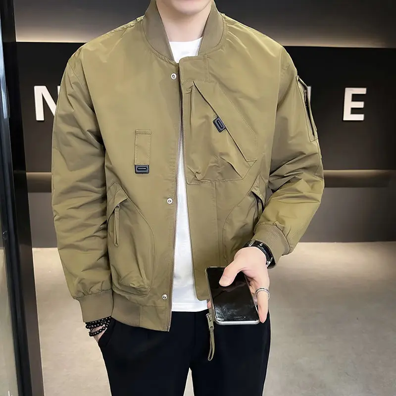 Workwear Casual Jacket Men's Spring Autumn New Cool Ruffian Flying Jacket  American Style Solid Color Baseball Coats Arm Pocket